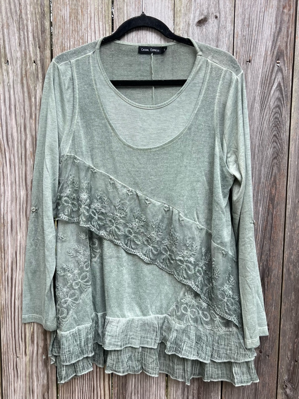 Casual Express Green Layered Lace Ruffle Top Fairy Lagenlook Women’s Large